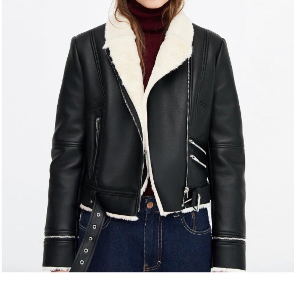Zara Faux Fur Lined Pleather Moto Jacket
